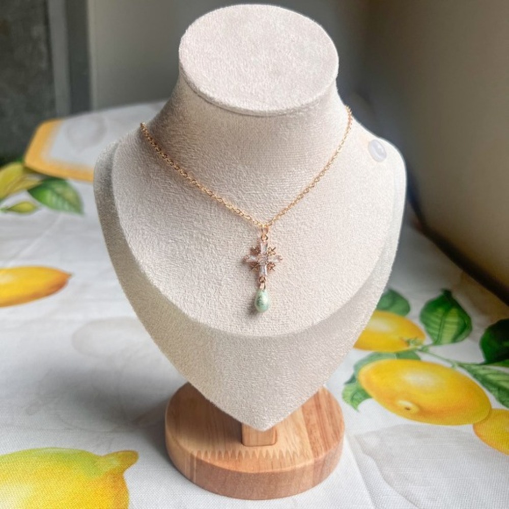 Czech Glass Cross Shape Mint Gold Robin Egg Speckled Boho West Casual Necklace